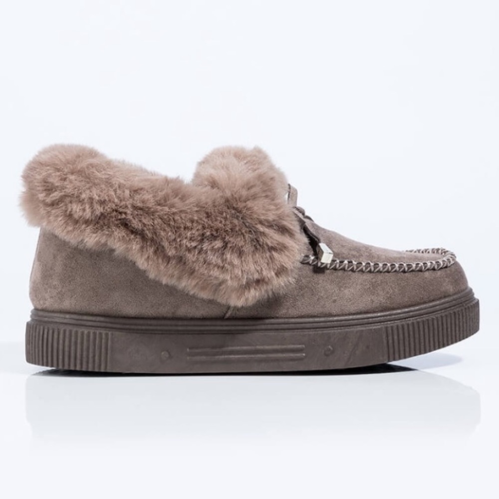 Taupe Fuzzy Slip-on Moccasin Slippers - Picture 7 of 11